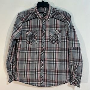 BUCKLE BLACK Men’s Plaid Long Sleeve black/Gray Snap Button Down Shirt Size L